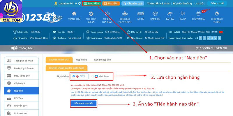 Nạp, rút tiền 123B 6 Chuyển nhanh 24/7