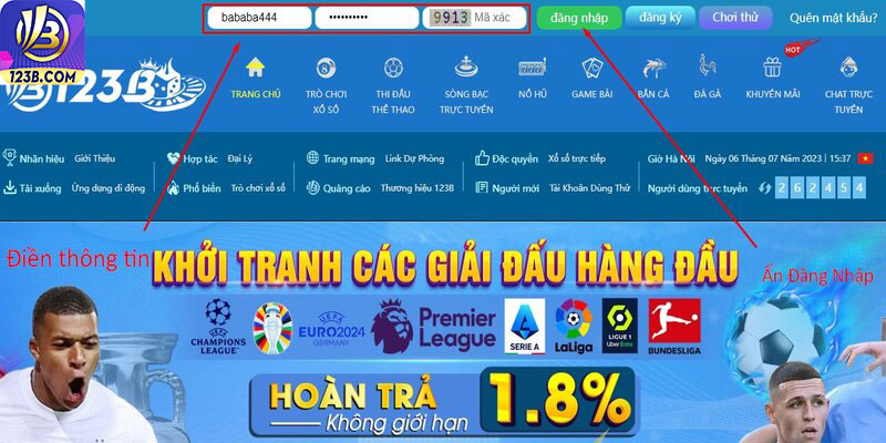 Đăng nhập 123B 6 Điền thông tin đăng nhập 123B
