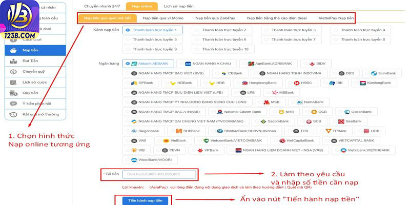 Nạp, rút tiền 123B 7 Nạp online 123B