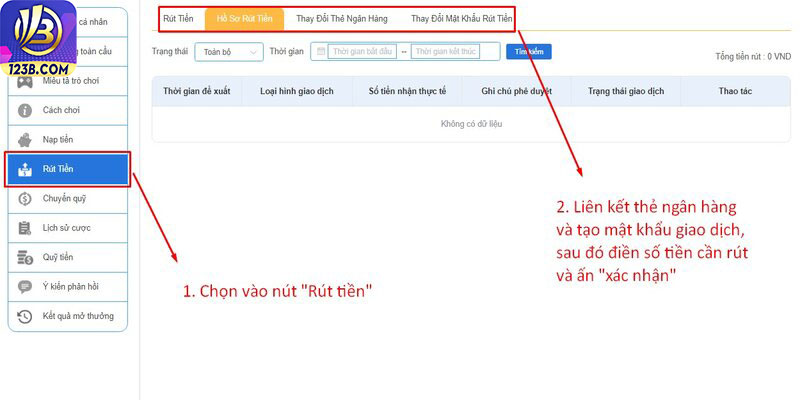Nạp, rút tiền 123B 8 Rút tiền 123B