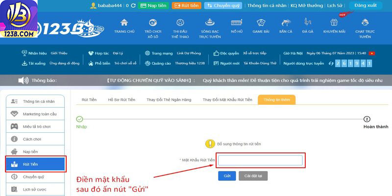 Đăng nhập 123B 7 Thiết lập mật khẩu giao dịch